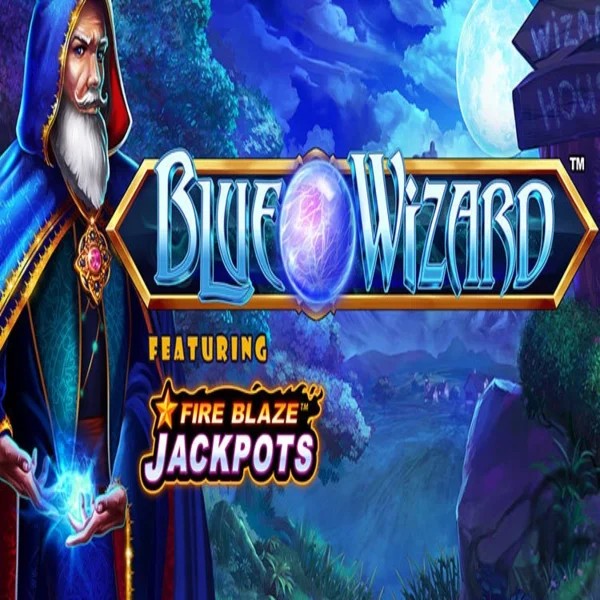 Blue Wizard Fire Blaze Jackpots slot logo by Rarestone Gaming at Scored Casino